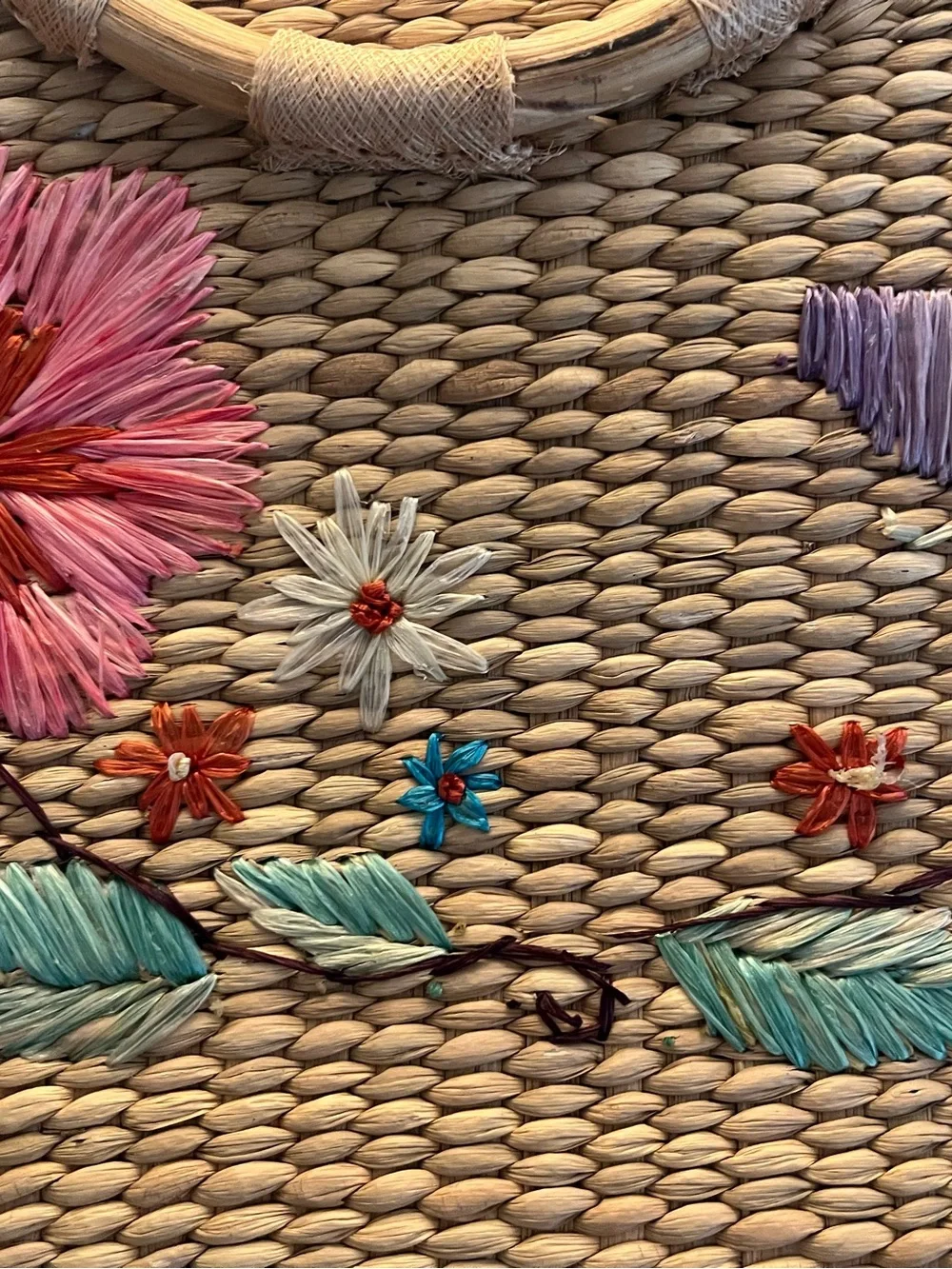 Vintage 70s Straw Woven Tote | Floral + Butterfly Deco-Bamboo Handles | Boho Bag - Picture 11 of 12